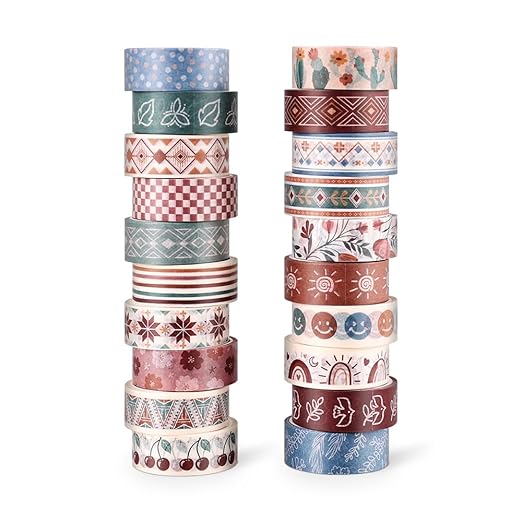 20 Rolls Bohemia Theme Washi Tape Set,Writable Decorative Tapes for Scrapbooking, Bible Journaling, Bullet Journaling, 0.6"x79" per Roll
