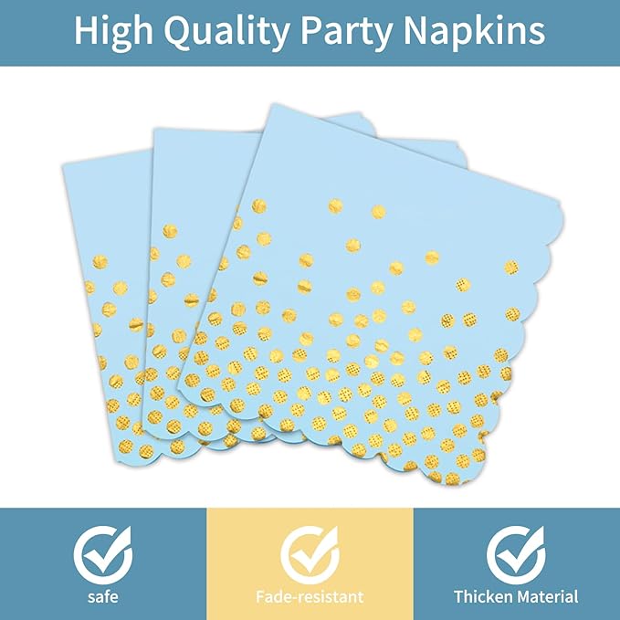Light Blue Paper Plates and Napkins Party Supplies, Disposable Gold Dot Dessert Plates and Scalloped Napkins for Blue Party Decorations, Serves 35 Guests