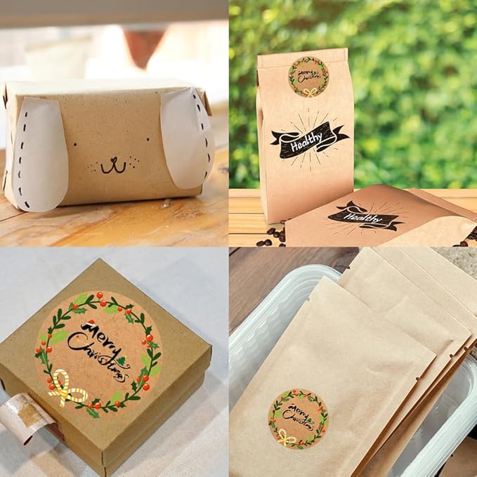 100-1000pcs Custom Stickers Merry Christmas Stickers Personalized Labels Adhesive Xmas Decorative Envelope Seals Stickers for Cards Gift Boxes(Round Kraft-7)