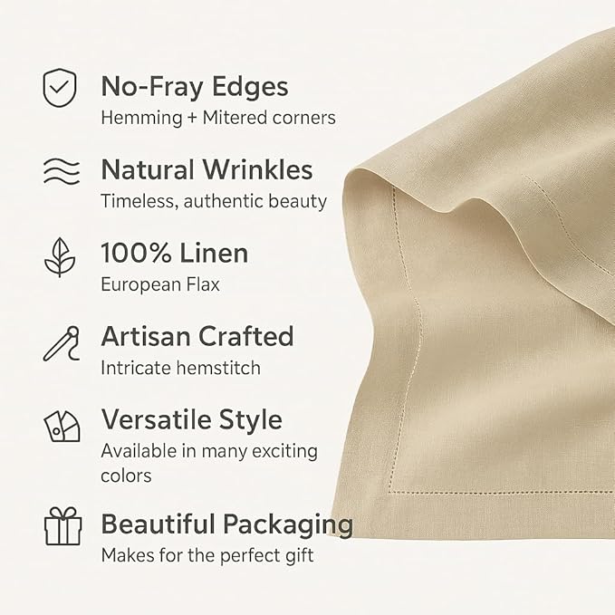 100% Pure Linen White Napkins 20 x 20 Inch - Hemstitch Christmas Dinner Napkins Set of 4 - Cloth Fabric Napkins for Thanksgiving, Winter, New Year - Elara