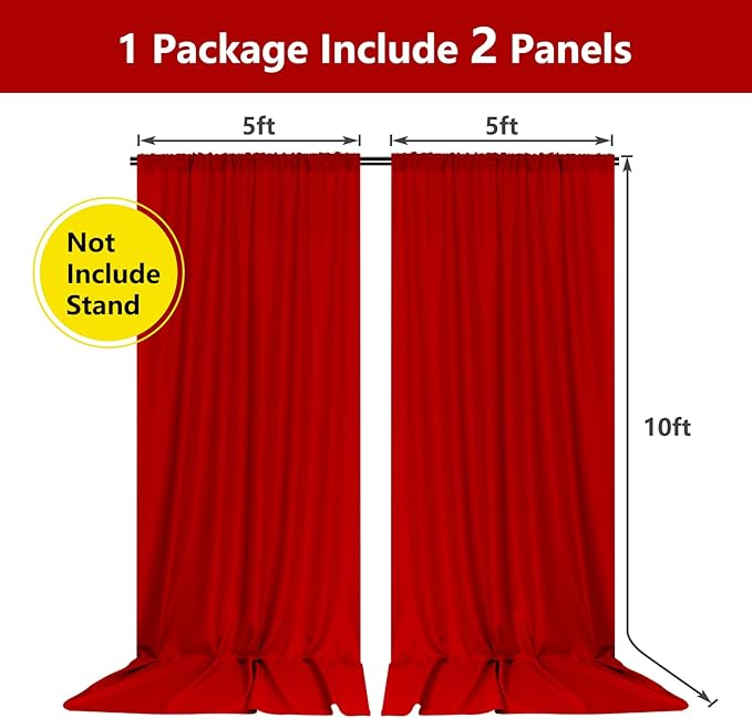 10ft x 10ft Red Backdrop Curtains for Party Valentine's Day Arch Stage Wedding Ceremony Curtains Fabric Photography Backdrop for Baby Showers Rod Pocket Home Decoration, 5ft x 10ft, 2 Panels