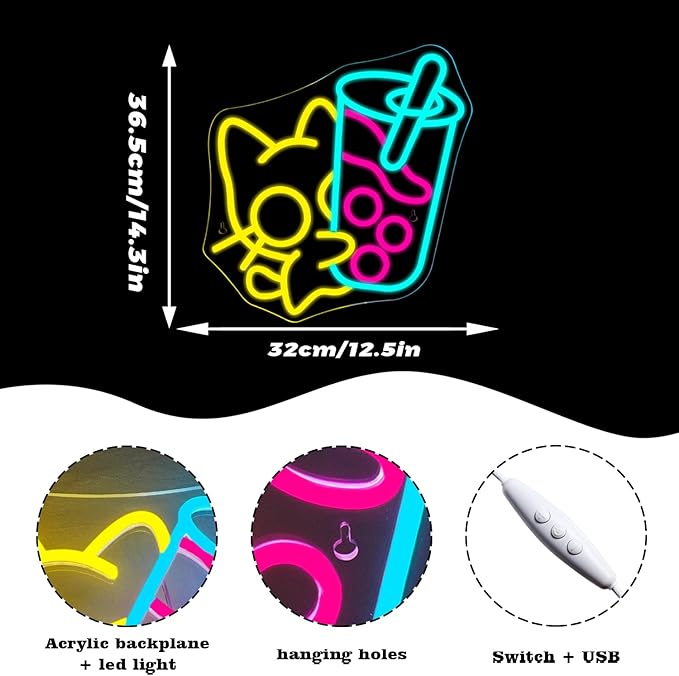 Looklight Cat Boba Tea Neon Sign,Yellow Cute Kitty Bubble Tea Neon Signs for Wall Decor,Dimmable LED Neon Light Bar Sign,USB Light Up Signs for Dimsum Store Bar Milk Tea Shop