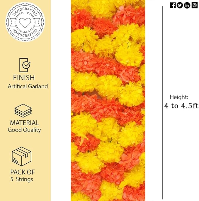 Marigold Garlands for Decorations Pack of 5 - Artificial Marigold Flowers for Decorations -Indian Decor for Pooja, Indian Flower Garland (Yellow Orange Combination | 4 to 4.5 Ft) Hashcart®