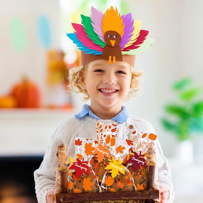 YUJUN 120 PCS Fall Cellophane Treat Bags,Maple Leaves Gift Goodie Candy Autumn Clear Cello Bags with 60 Pieces Maple Leaves Tags for Fall Autumn Thanksgiving Theme Party Favor Supplies(4 Styles)