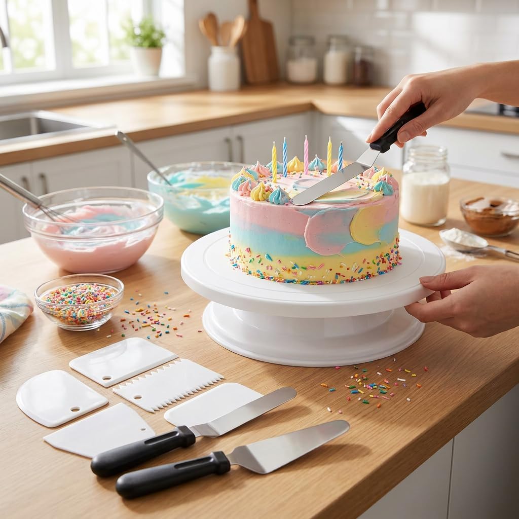 Cake Decorating Kit with Cake Turntable and Decorating Tools, 8-Piece Baking Supplies Set with 3 Frosting Spatulas and 4 Icing Smoothers, Easy Cake Decorating for Beginners Professionals
