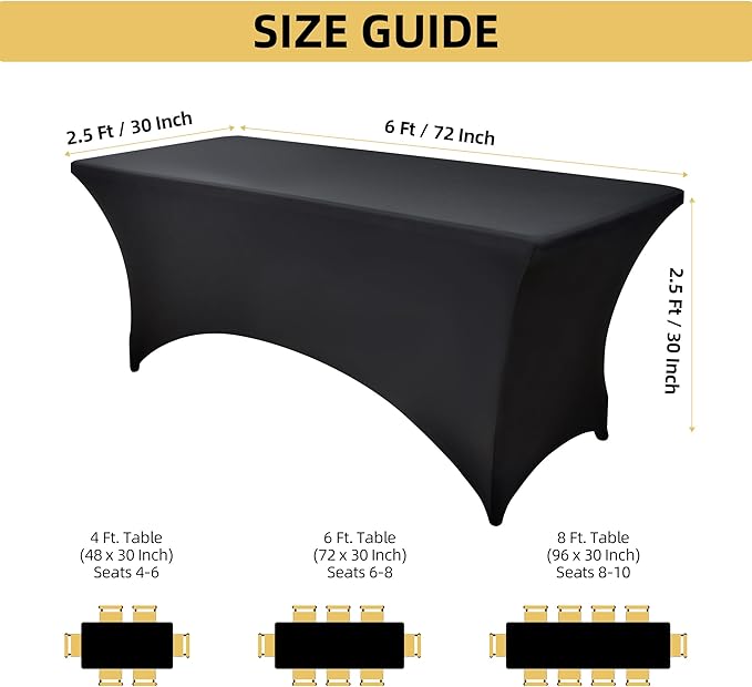 6-Pack 6ft Black Spandex Table Covers for Rectangle Standard Folding Tables - Wrinkle Resistant Stretch Tablecloths - Ultimate Fitted Table Protector for Parties, Trade Shows, Wedding
