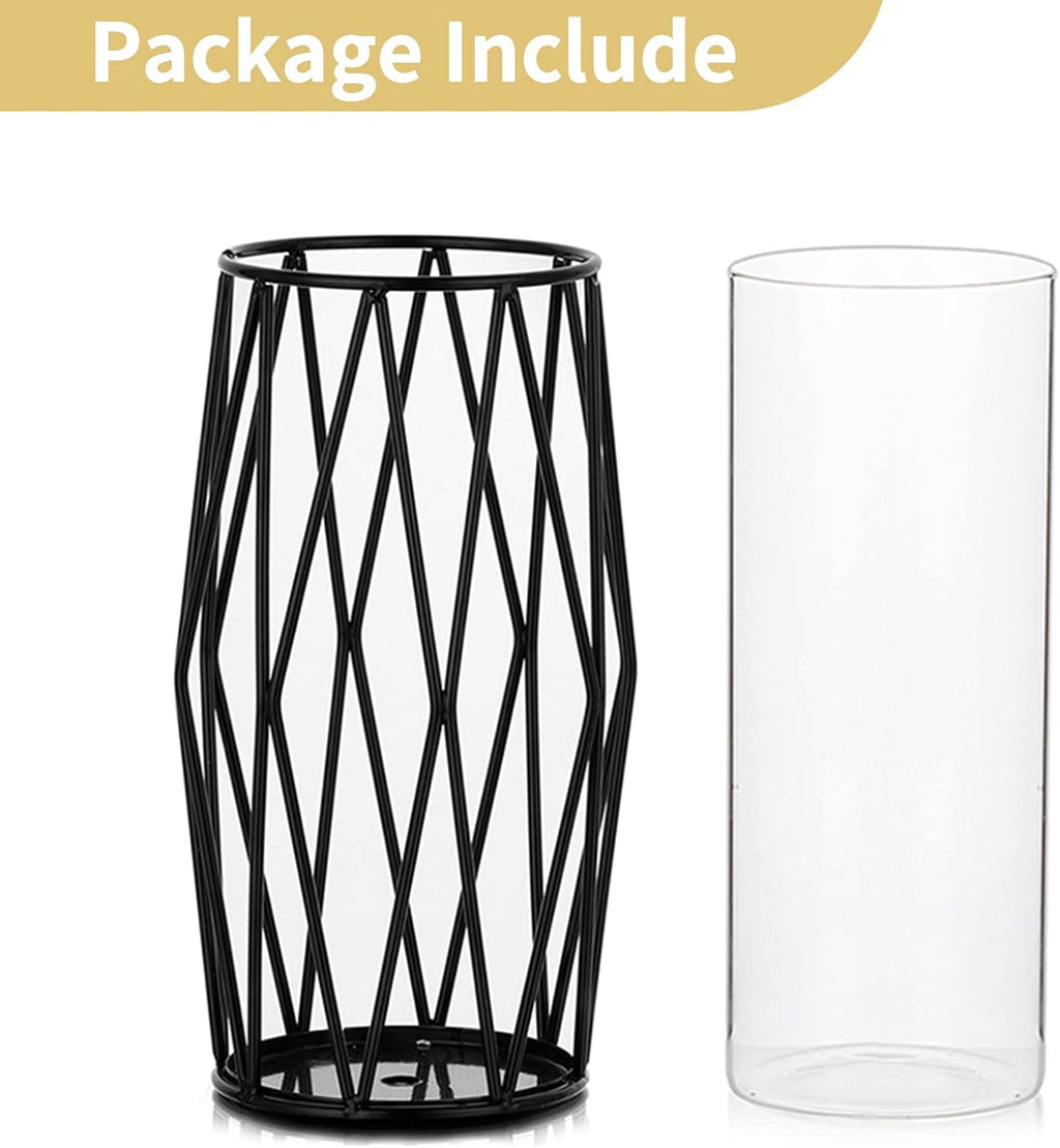 NUPTIO Black Geometric Hurricane Glass Candle Holder, 1 Piece | Compact Diamond Frame, Clear Cylinder Vase, for Flowers, Pillar & Floating Candles, Office or Dining Table Decor