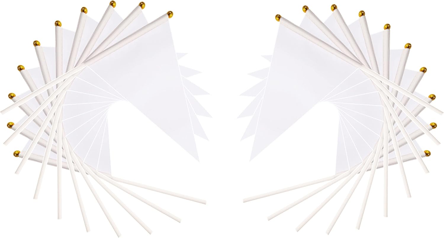 25 Pack White Pennant Flags Small Mini Hand Held Solid Color Pennant Flags On Sticks,Party Events Celebration,School,Grand Opening,Kids Birthday,Sports Clubs,Flower Pot (White)