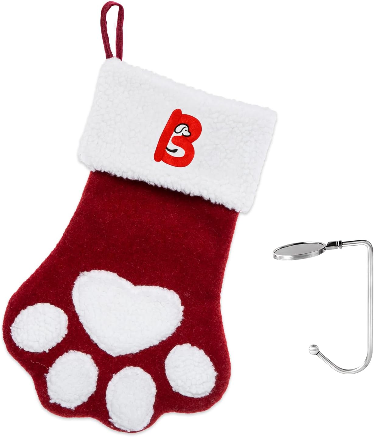 Pet Christmas Stockings with Initials, Personalized Dog Cat Paw Xmas Stockings with Letters, 17.5 in Embroidered Monogram Christmas Stockings for Pets, Red Letter B
