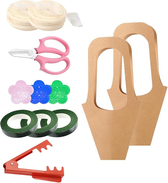 50 pc Kraft Paper Flower Bags with Handles Cones & Brown Bouquets - Shears, Thorn Remover, Floral Tape & Lace Ribbon (13.78Inches)