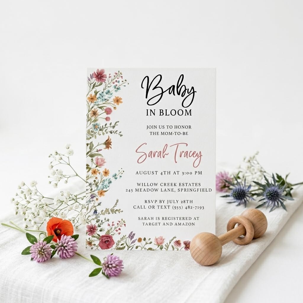 Printed Party Custom Baby Shower Invitations with Envelopes – Wildflower | Baby in Bloom Floral Design | Includes Matching Envelopes | For Girl Baby Shower or Sprinkle | Made in USA | 5x7