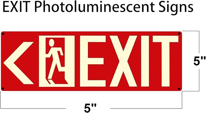 Photoluminescent Exit Signs, 14x5 inches, Red with Glow in Dark Feature, Self-Adhesive Aluminum, Left and Right Arrow Set