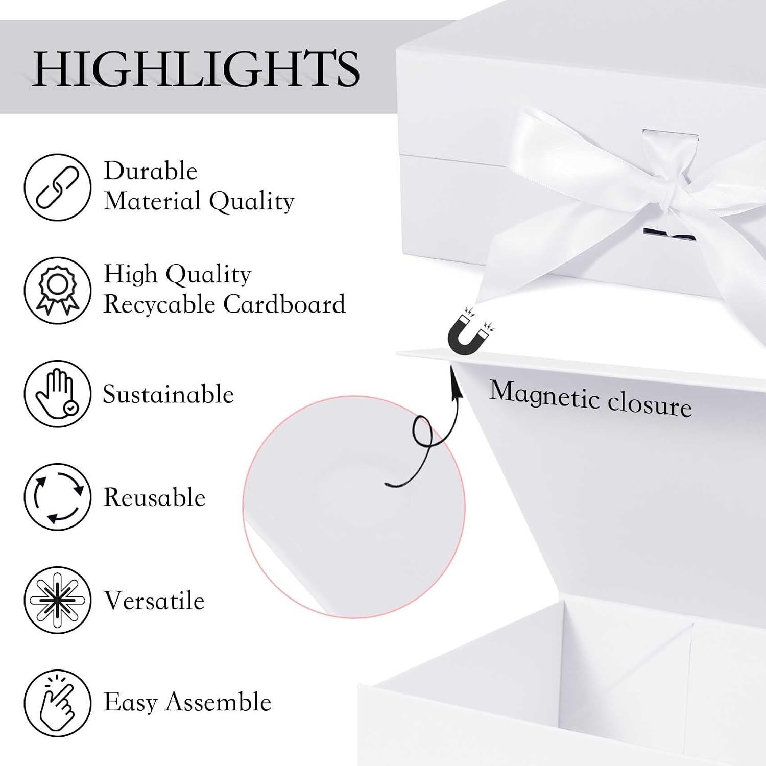 LFBOX White Gift Box with Ribbon Magnetic Lids 1 Pack | Large Gift Boxes Bridesmaid Groomsman Proposal Boxes, 10.2x9x3.74 in, Collapsible Wedding Storage Box