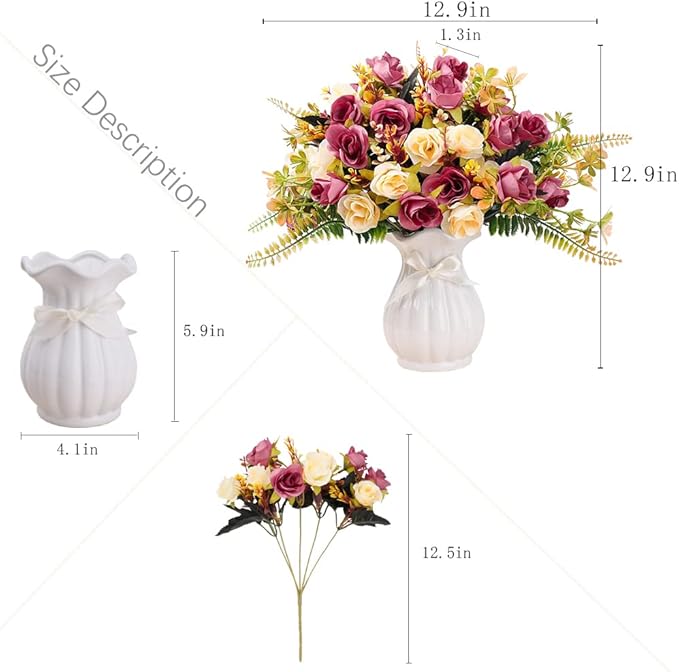 LESING Artificial Fake Flowers with Vase Silk Artificial Roses Wedding Flowers Bouquets Home Office Party Meeting Room Decoration (Violet red-1)