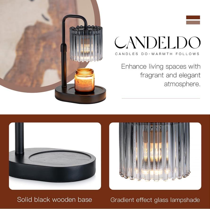 Candeldo Candle Warmer Lamp with Timer: Black Wax Melt Warmer | Height Adjustable, Dimmable, with 2 Bulbs, Modern Farmhouse Decor for Home, Bedroom, Gifts for Women, Birthday, Housewarming