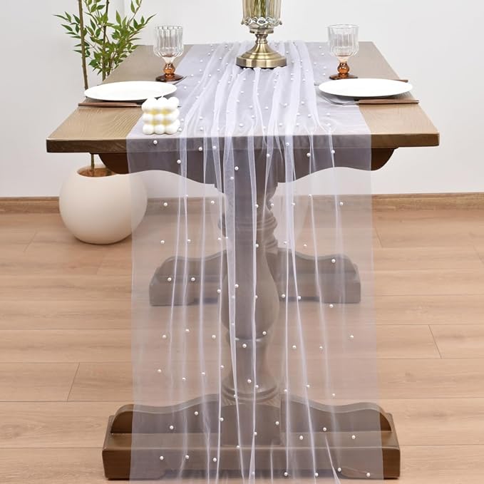 Joanlody Fall Pearl Table Runner 10ft Rustic Boho Tulle Table Runner with Pearls for Baby Shower Wedding Party Veil Dessert Thanksgiving Table Decor White