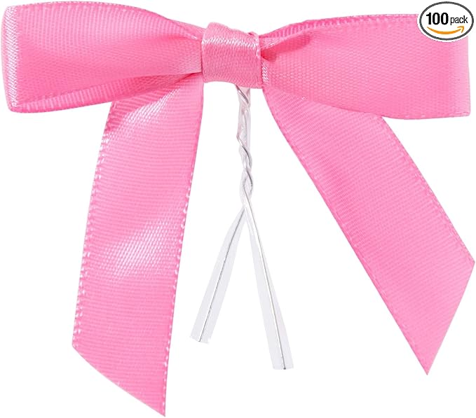 Juvale Pink Twist Tie Gift Bows - Pre-Tied Mini Bows for Crafts & Ribbon Twist Ties for Treat Bags - 100 Count, 3 x 2.5 in, Satin