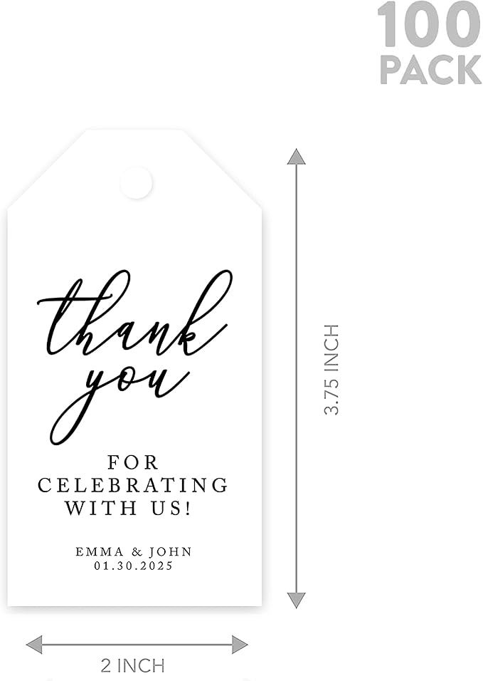 Andaz Press 100-Pack Personalized Thank You for Celebrating with Us Wedding Favor Tags with String, Minimal Modern Custom Tags for Wedding Favors 2” X 3.75” Thank You Tags with String Custom Favors
