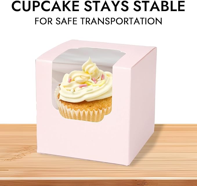 JCD 70 packs Pink Cupcake Boxes Individual Cupcake Container 3.5" x 3.5" x 3.5" Auto-Pop up Single cake Box for Bakery Gift Giving(70 Boxes+70 Inserts) (Pink/70Pcs)