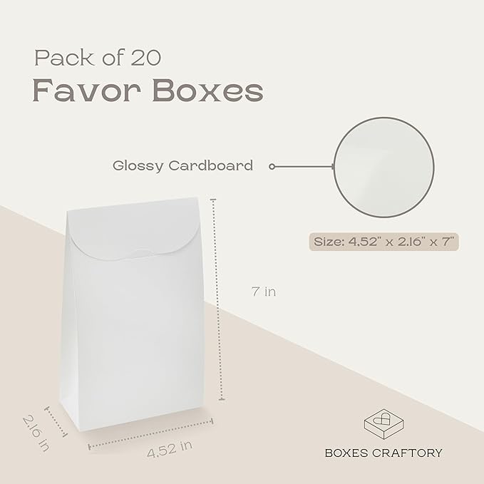 Boxes Craftory Pack of 20 Party Favor Boxes (4.52 x 2.16 x 7 inch) - Ideal for Wedding, Baby Shower and Bridal Shower Gift Bags - White