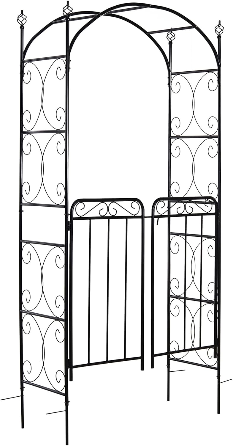 Outsunny 84" Garden Arch Arbor with Gate Metal for Climbing Vines Black