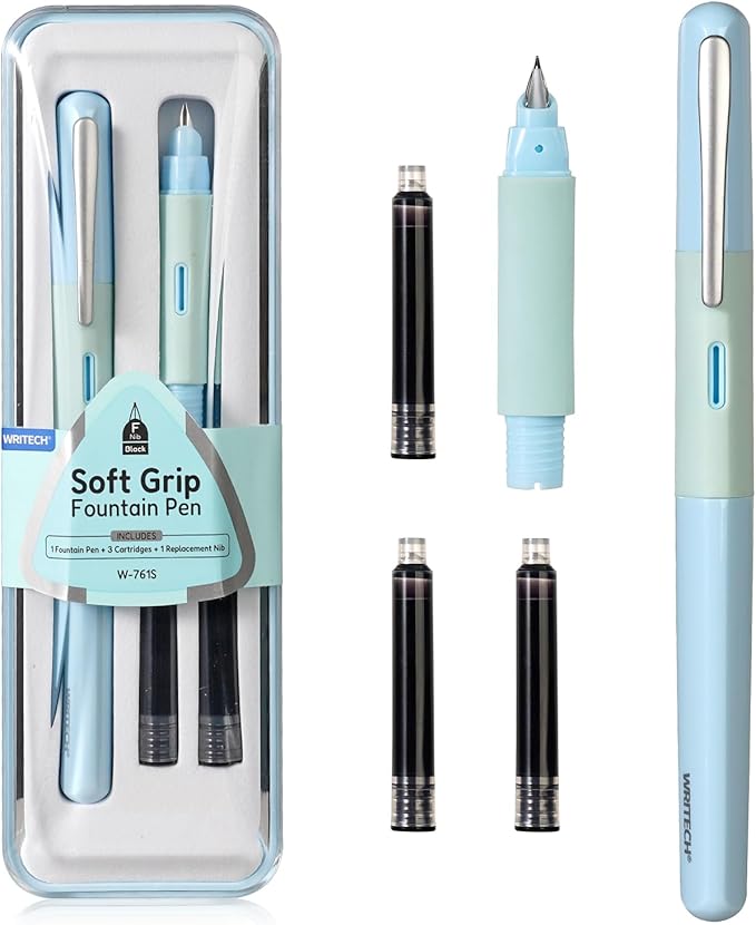 WRITECH Soft Grip Fountain Pen: Black Ink Fine Nib Pen with 1 Replacement Nib Set and 3 Ink Cartridges Smooth Writing for Calligraphy Journaling Gift (Blue)