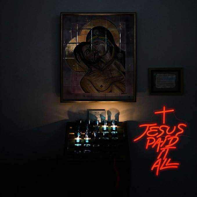 Jesus Paid It All Neon Sign Red Cross Neon Light for Wall Decor Dimmable Jesus Cross LED Light Up Sign for Christian Church Christams Home Wedding Decor Birthday Gifts(16.7 * 12.8In)