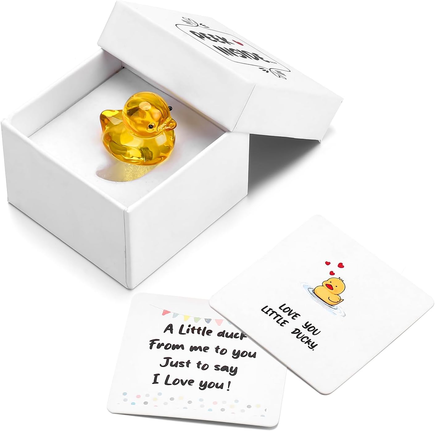 Mini Yellow Glass Ducky Figurine 3D Crystal | Keepsake Animal Ornament with Gift Box Greeting Cards for Her Mom Daughter Valentine Birthday Home Desk Decor