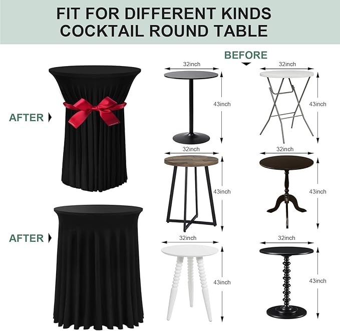 Cocktail Table Covers - 3 Pack 32"x 43" Black Cocktail Table Tablecloth with Natural Wavy Round Skirt for Bar Wedding Party Banquet