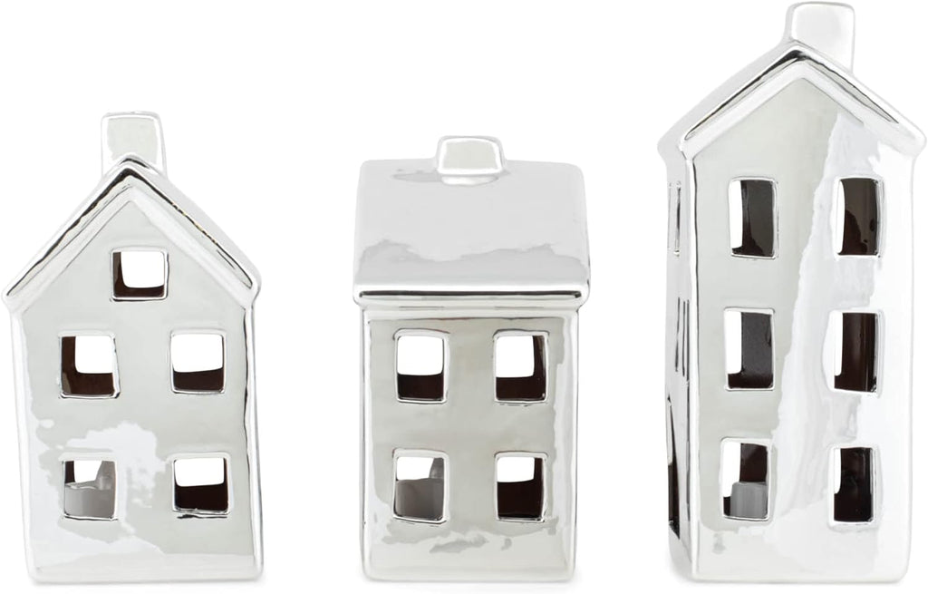 mark feldstein chrome finish porcelain led village, set, close-up detail
