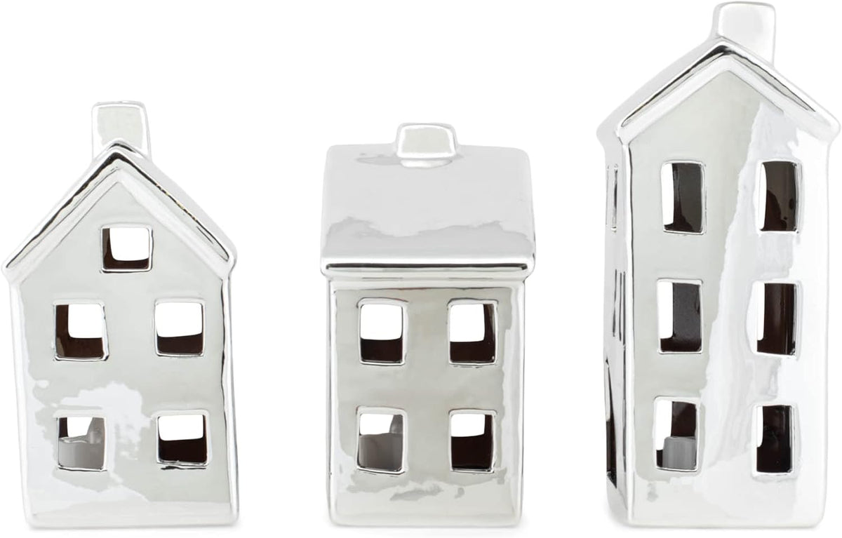 mark feldstein chrome finish porcelain led village, set, close-up detail