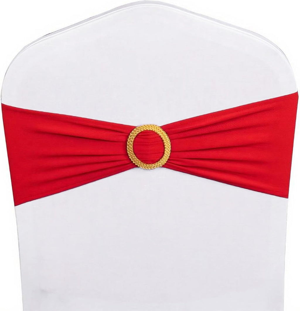 Pack of 50 Spandex Red Chair Sashes with Gold Buckles, Stretch Chairs Sashes for Wedding Party Baby Shower Ceremony Event Decorations Chair Bands Bows (Red Sashes, Gold Buckles)