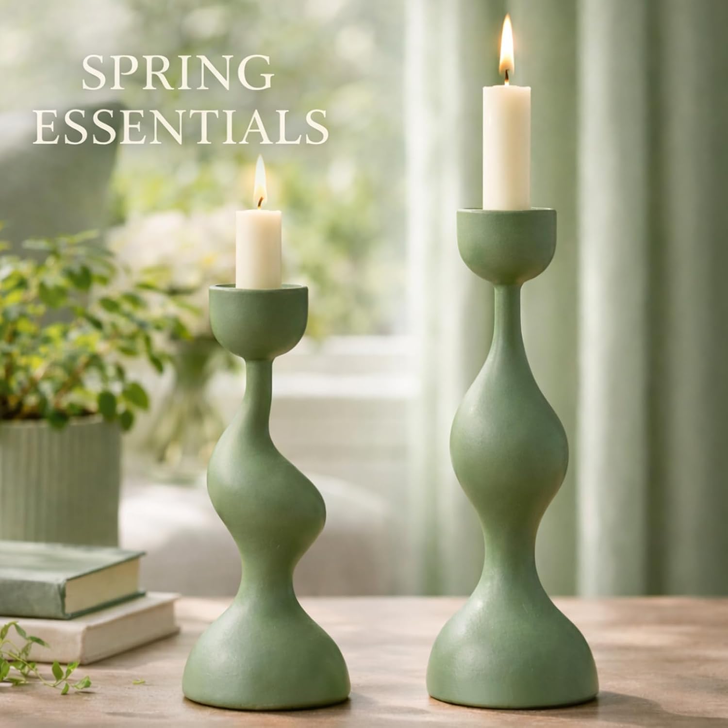Smtyle Taper Candle Holders Set of 2 Sculptural Cast Aluminum Candlestick Holders, Modern Minimalist Sage Green Candle Stand for Dining Table, Living Room, Shelf Decor