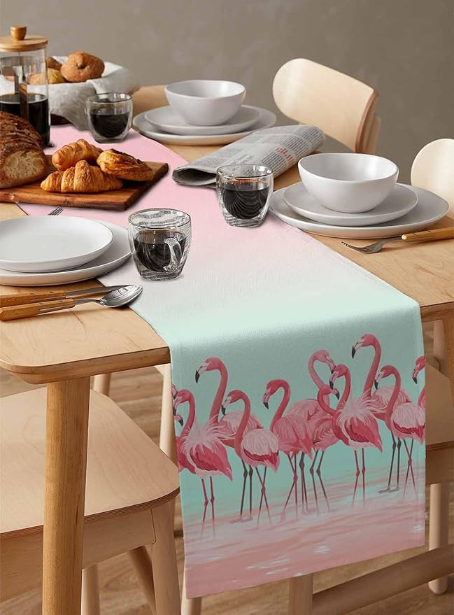 Tropical Flamingo Cotton Linen Table Runner for Dining Kitchen, Wedding Outdoor Party Tablerunners Decoration, Pink Bird Coastal Nautical Animal Dresser Scarf Coffee Tablecloth Runners 13x108 Inches