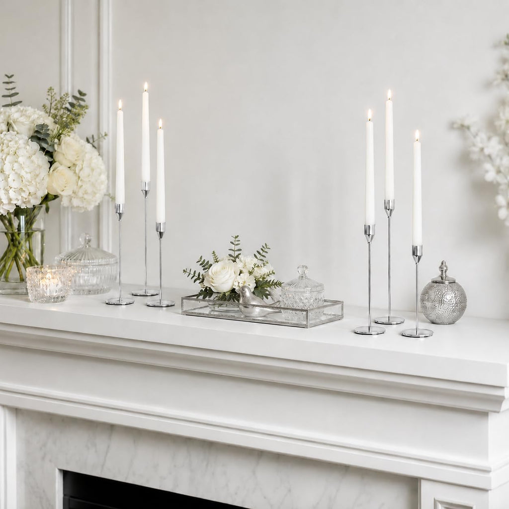 NLBTW Silver Candlestick Holders Set of 6 for Modern Elegant Home Decor | Taper Candle Holders in 3 Heights for Weddings, Formal Dinners, Christmas Mantels and Holiday Tables
