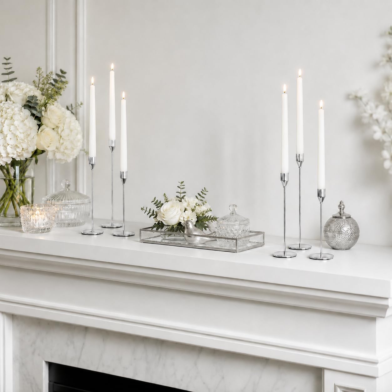 NLBTW Silver Candlestick Holders Set of 6 for Modern Elegant Home Decor | Taper Candle Holders in 3 Heights for Weddings, Formal Dinners, Christmas Mantels and Holiday Tables