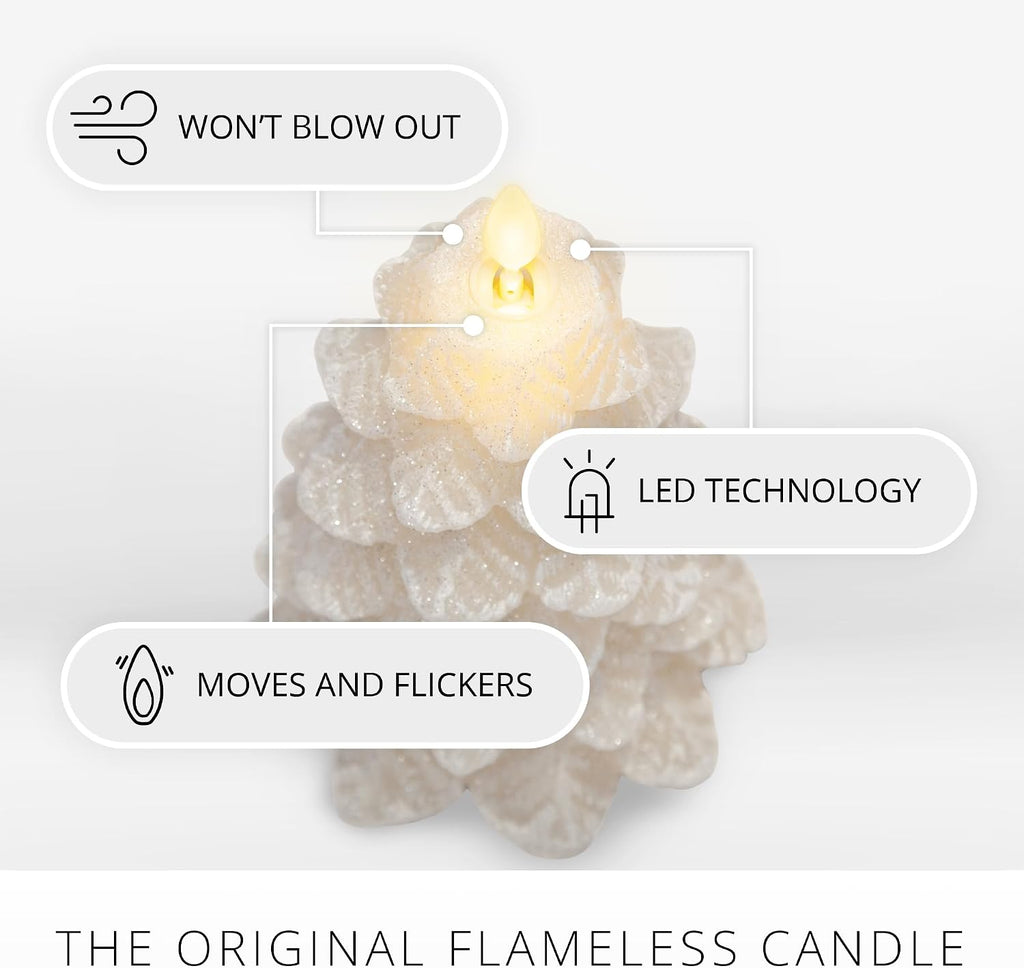 Luminara Christmas Tree Flameless LED Candle, White Swan 5.35" x 8.5", Moving Flame Battery Operated Timer, Holiday Decor, Glitter Snow Finish Safe