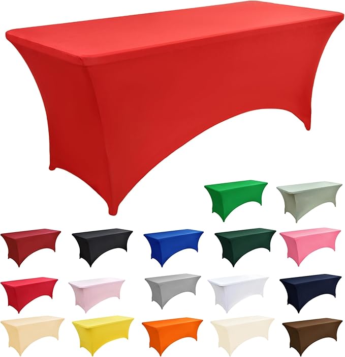 6-Pack 6ft Red Spandex Table Covers for Rectangle Standard Folding Tables - Wrinkle Resistant Stretch Tablecloths - Ultimate Fitted Table Protector for Parties, Trade Shows, Wedding