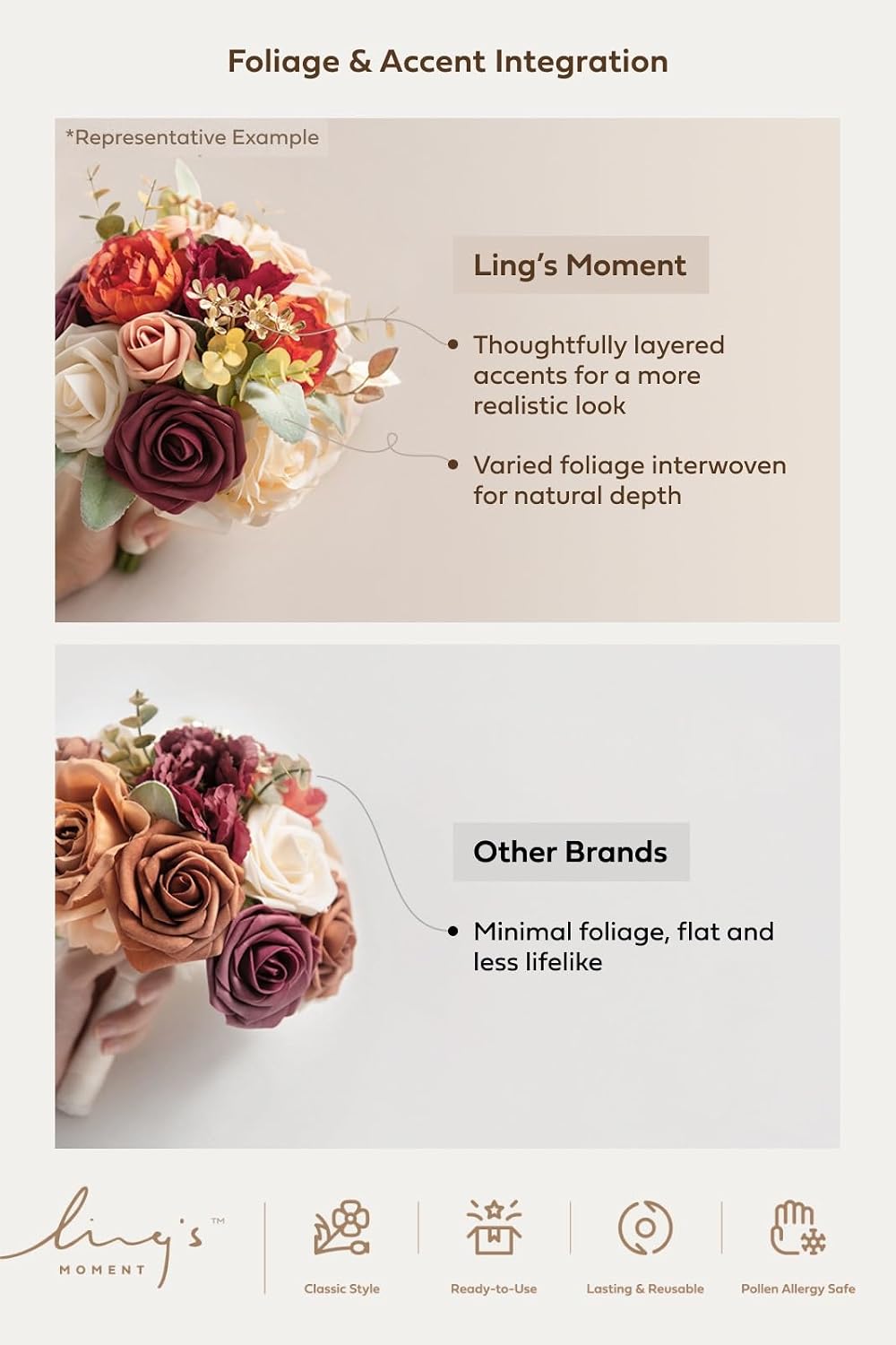 Ling's moment Artificial Flowers Powder Pink Cream Bridesmaid Bouquet 4 Pcs | Pink Wedding Flowers, 7 Inch Bridal Bouquets, For Bridesmaids