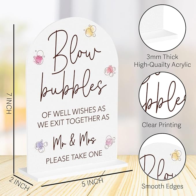 Wedding Bubbles Sign Bubbles for Wedding Send off Reception Decor Acrylic Arch Wedding Bridal Shower Baby Shower Welcome Table Signs for Ceremony and Reception Decor 7 x 5 Inches