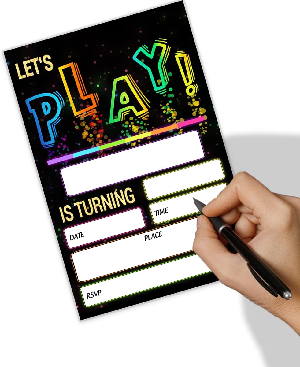 Glow Let's Play Birthday Party Invitations For Boys Girls, Neon Party Invites For Kids, Double Sided Design(20 Cards + Envelopes)