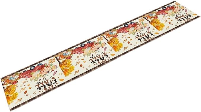 Fall Pumpkin Table Runner,Rustic Maple Yellow Leaf Trees Truncks Brown Plaid Tablecloth Burlap for Hotel Indoors Outdoor Dining Room Kitchen Home Decor,W13X L80 in