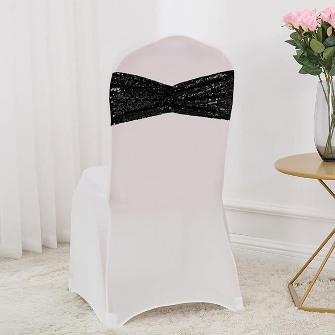 SquarePie Pack of 100 Chair Sashes Sparkly Black Sequin Bands for Wedding Party Banquet Home Decor
