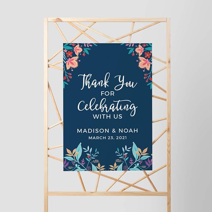 Andaz Press Personalized Extra Large Wedding Easel Board Party Sign, 12x18-inch, Vintage Bohemian Flowers on Navy Blue, Thank You for Celebrating With Us Bride Groom Name Date, 1-Pack, Custom