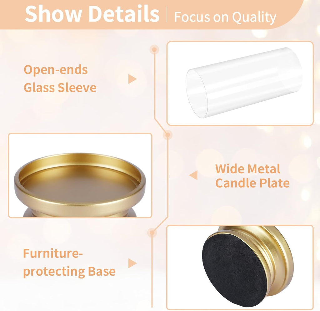 NUPTIO Hurricane Candle Holder Gold: Pillar Candle Holders with Clear Glass Sleeve - Set of 2 Decorative Brass Metal Pillars Stand for Dining Table Centerpiece Shelf Fireplace Mantel Decor