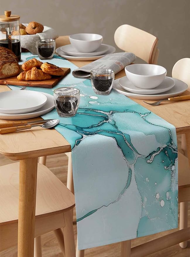 Turquoise Marble Cotton Linen Table Runner for Dining Kitchen, Wedding Outdoor Party Tablerunners Decoration, Nature Marble Crack Country Retro Dresser Scarf Coffee Tablecloth Runners 13x72 Inches
