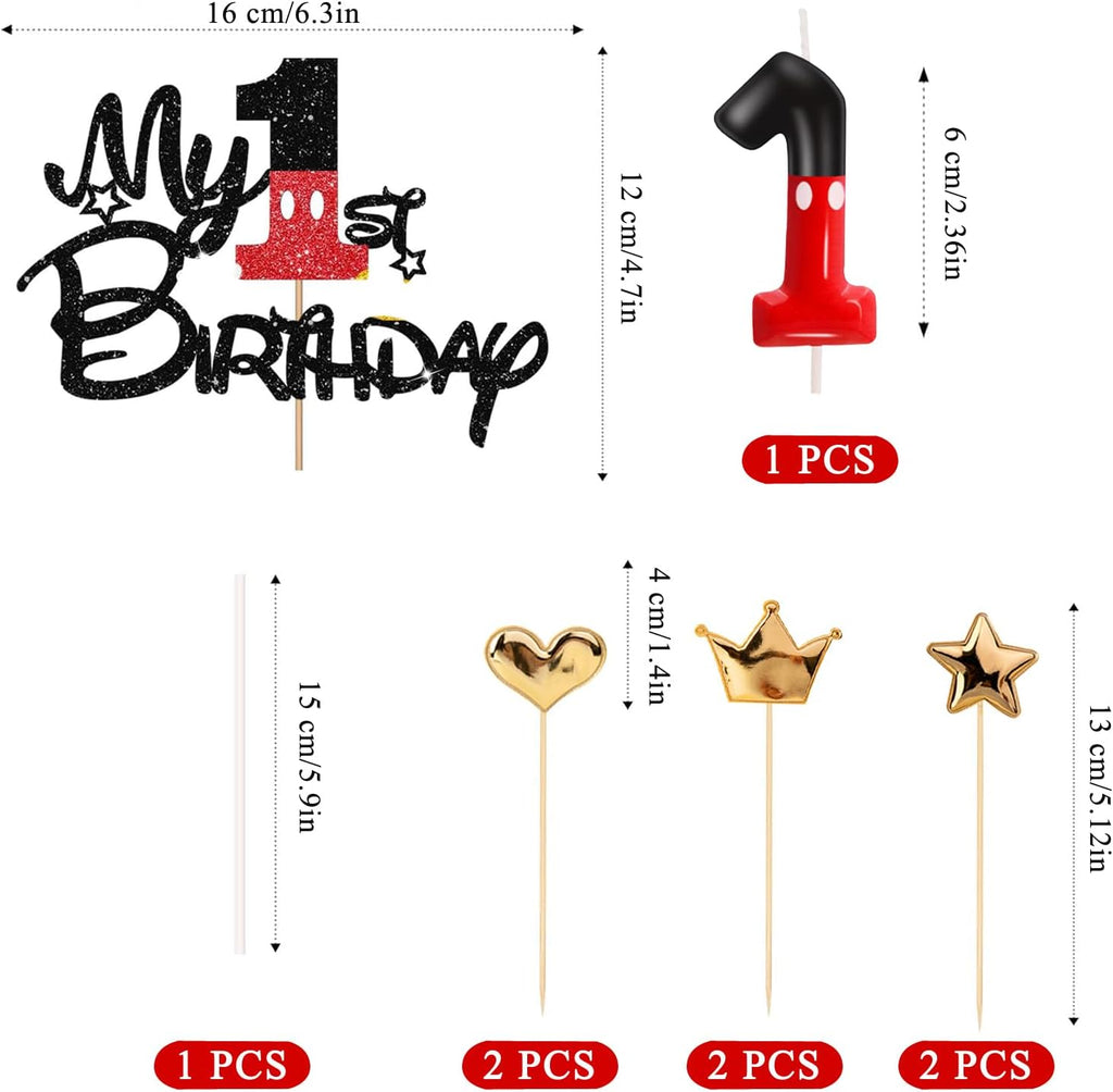 1st Birthday Cake Decorations for Boys, One Year Old Birthday Numeral 1 Cake Candles and Glitter Cartoon Black Red Cake Toppers Set for Birthday Party Supplies (Number 1, Red)