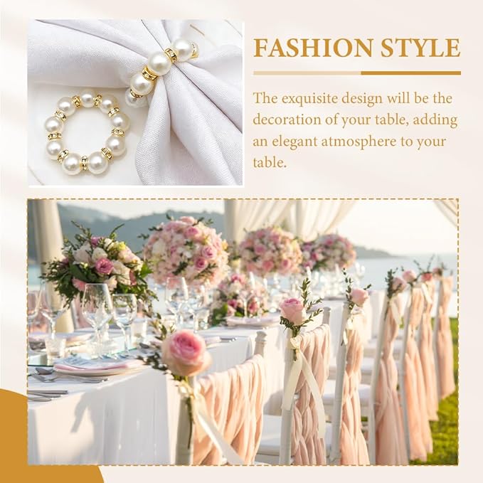 50Pcs Pearl Napkin Rings, Pink Beaded White Silver Round Buckles, Set of 6, Wedding and Formal Dinner Table Decor (50, Gold)