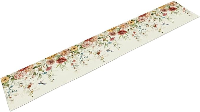 Rustic Floral Table Runner, Watercolor Flower Leaves Hummingbird Butterfly Farmhouse Kitchen Dinning Table Runner for Indoor Outdoor Home Wedding Party Holiday, 13x108 Inch