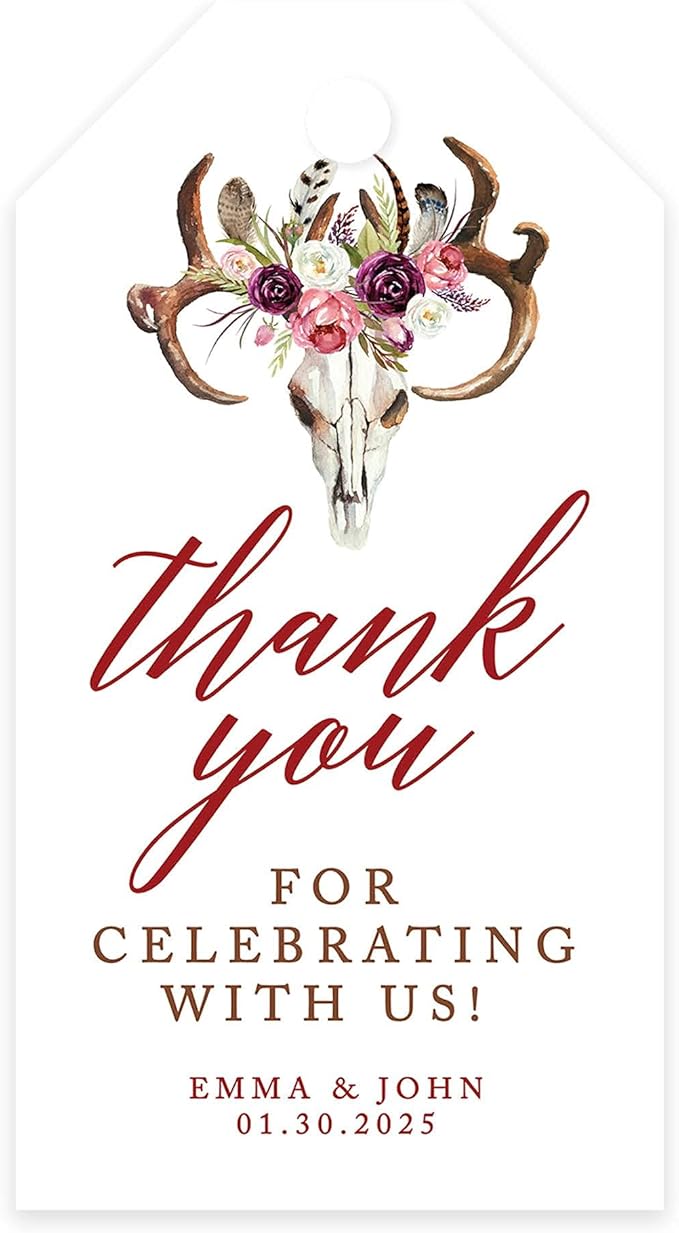Andaz Press 100-Pack Personalized Thank You for Celebrating with Us Wedding Favor Tags with Bakers Twine Boho Rustic Floral Antlers Custom Cardstock Wedding Gift Tags for Party Favors 2 x 3.75-Inches